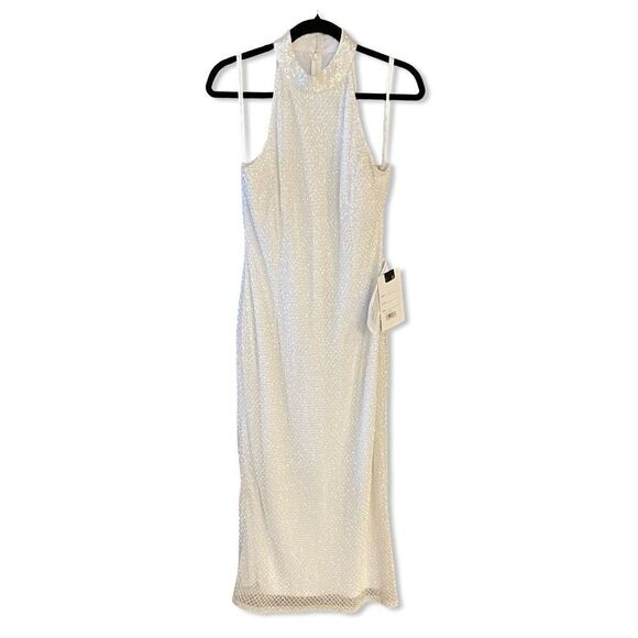 NWT Mac Duggal White Hand Embellished Halter Neck Midi Sheath Dress beaded Sz 8 - Picture 10 of 12
